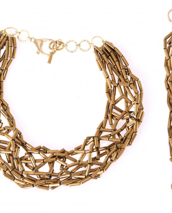 Gold Hematite Tube Statement Necklace