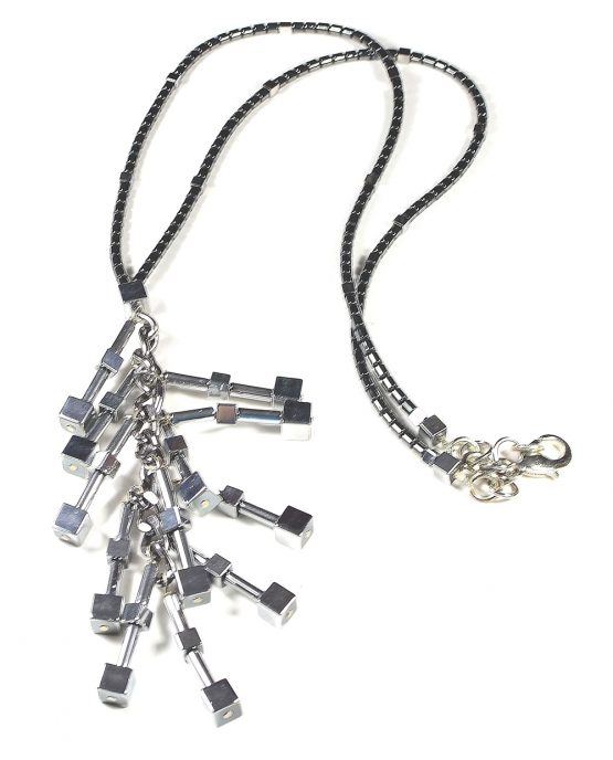 Long Hematite Tube and Cube Necklace Caterina Wills Jewellery